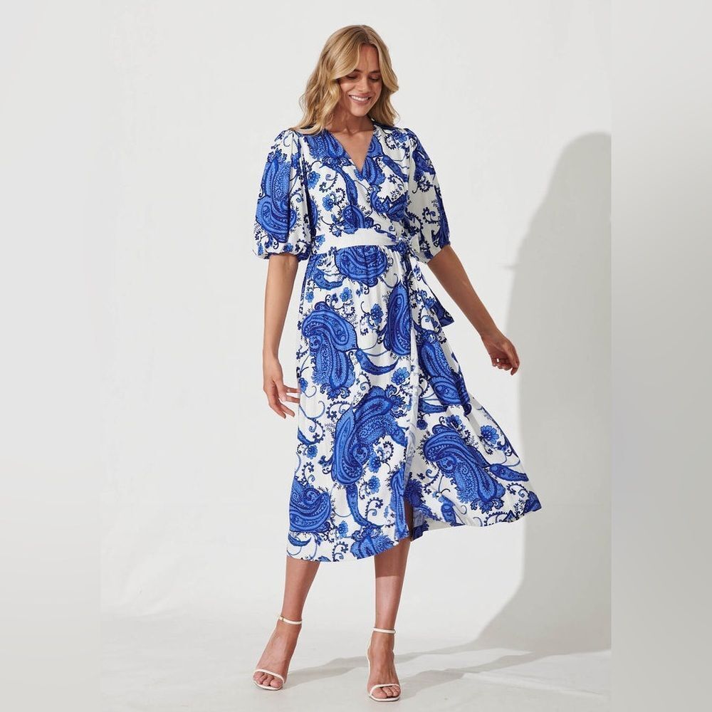 White Closet Elements Nomi Midi Wrap Dress In White Cobalt Print Linen Blend